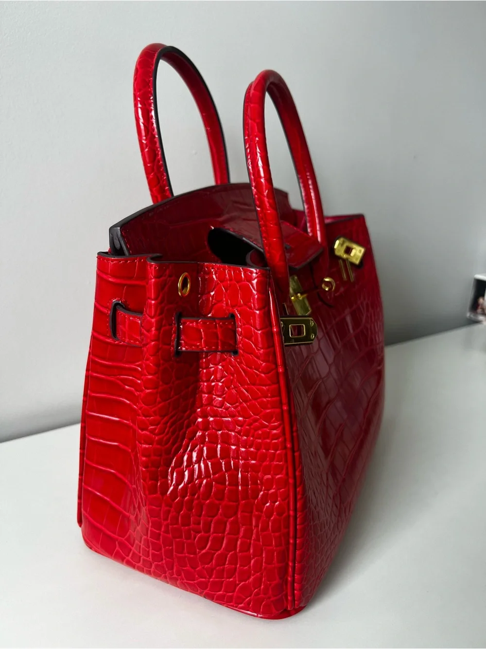 Red Croc-Embossed Structured Top-Handle Bag